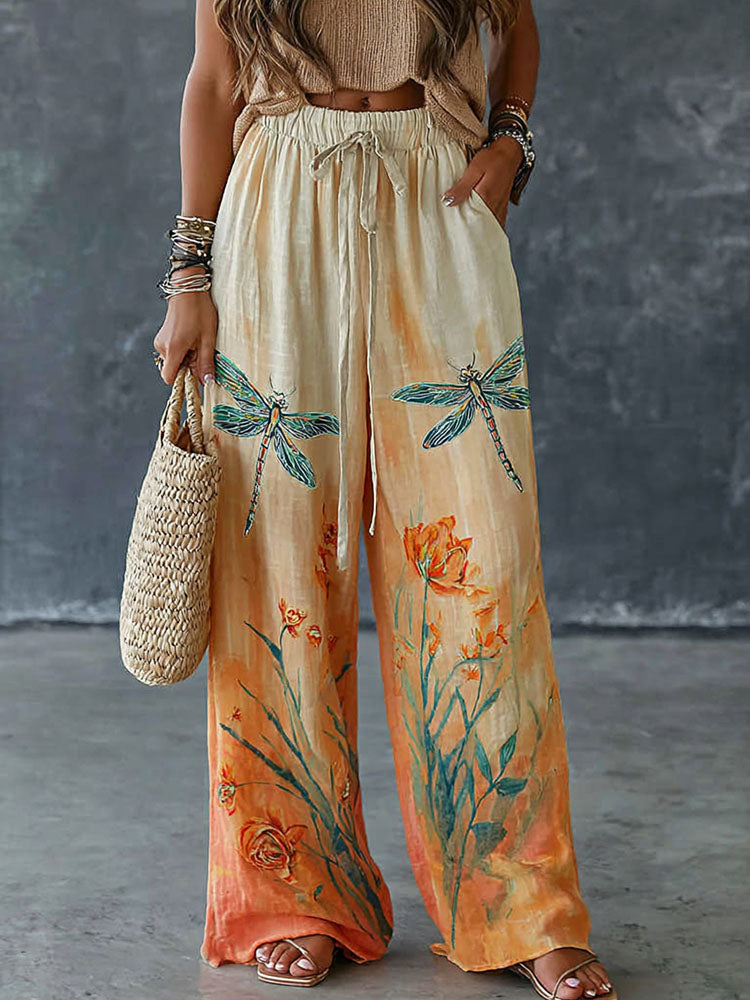 Cardydony Women's Dragonfly And Floral Pattern Art Print Flowy Linen Blend Casual Pants