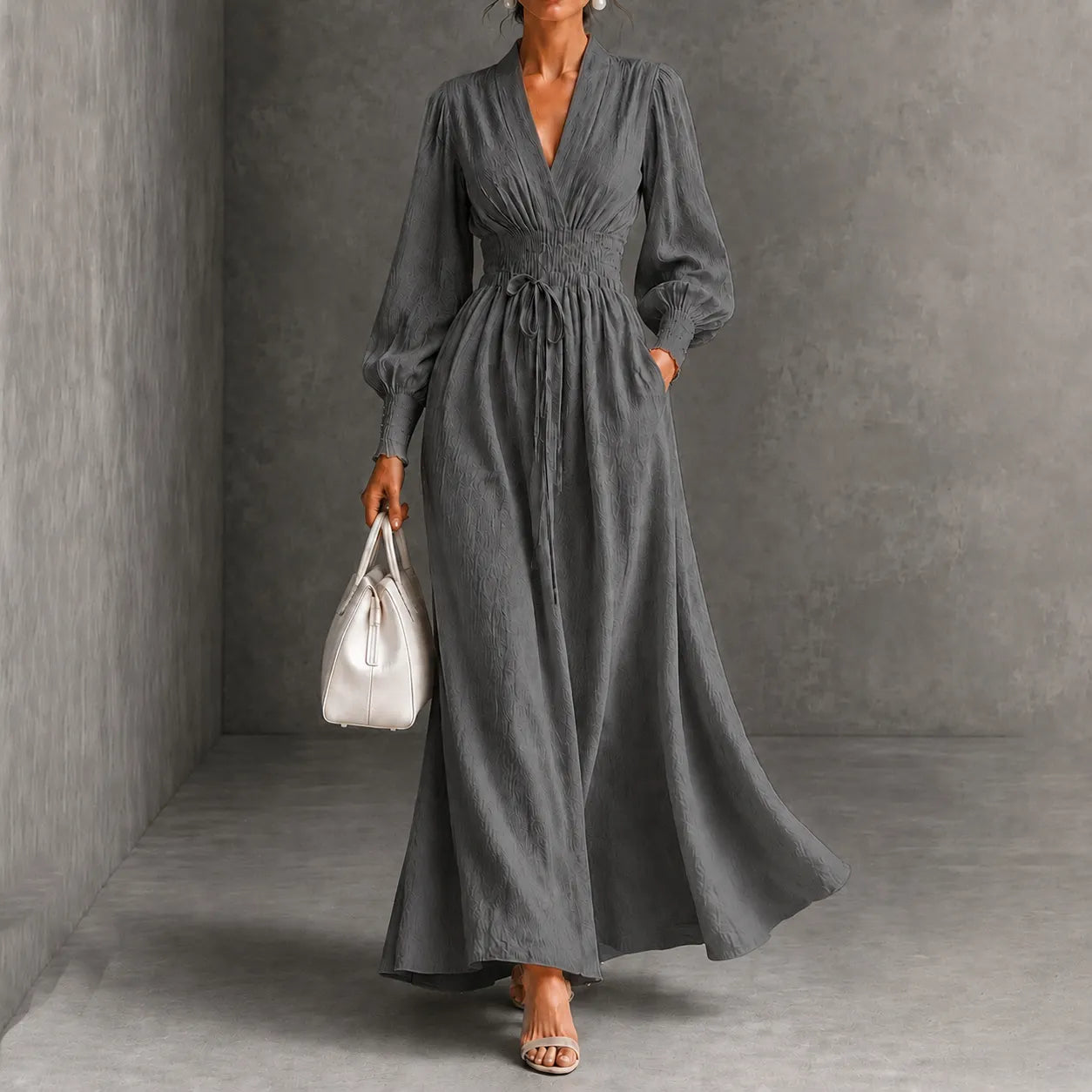Cardydony Elegance V-neck Belted Waist Long Sleevess Maxi Dress