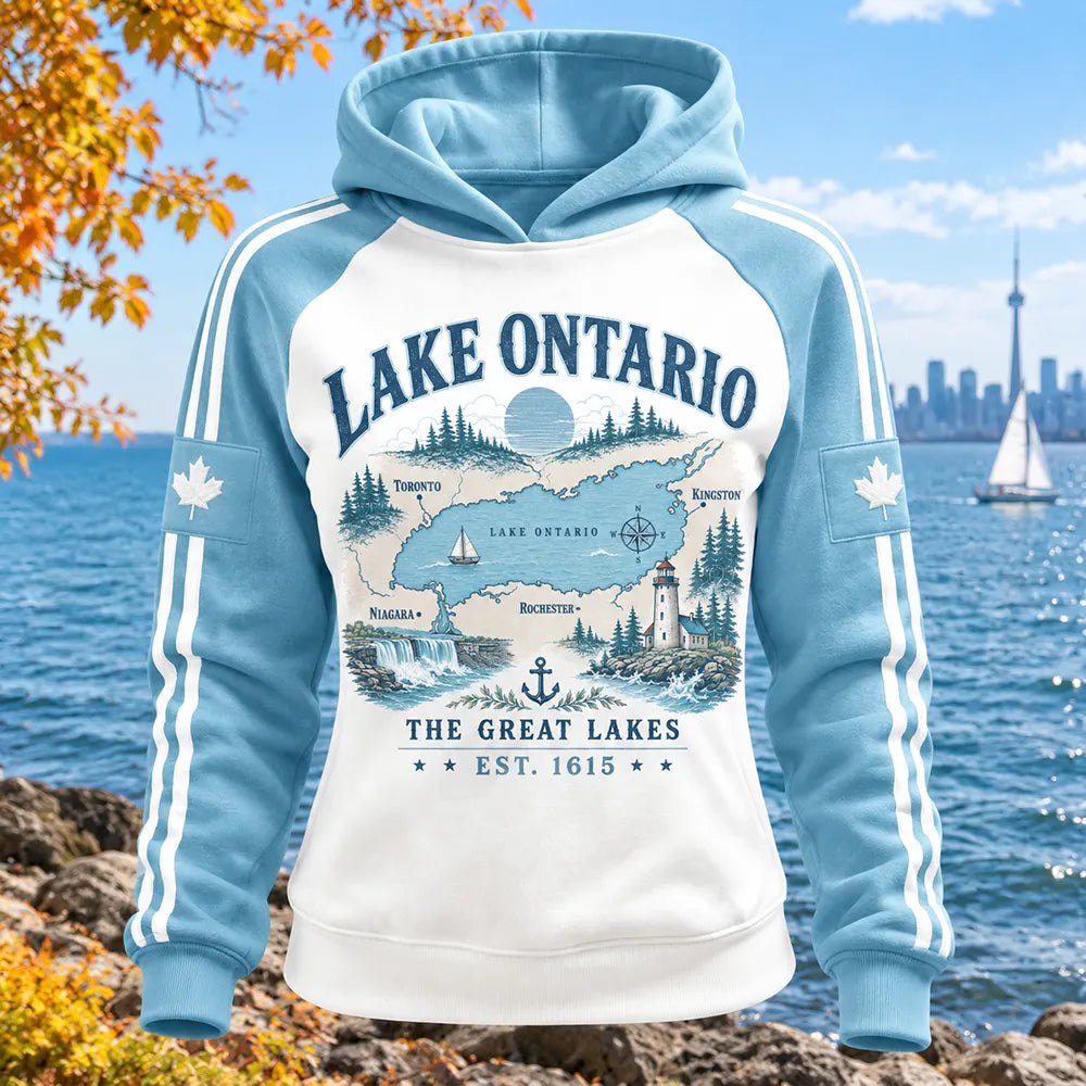 Cardydony Women's Lake Ontario Letter And Landscape Art Print Casual Raglan Sleeve Hoodie