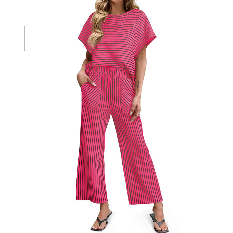 Cardydony Striped Short Sleeve T-shirts Wide Leg Pants Two Piece Set