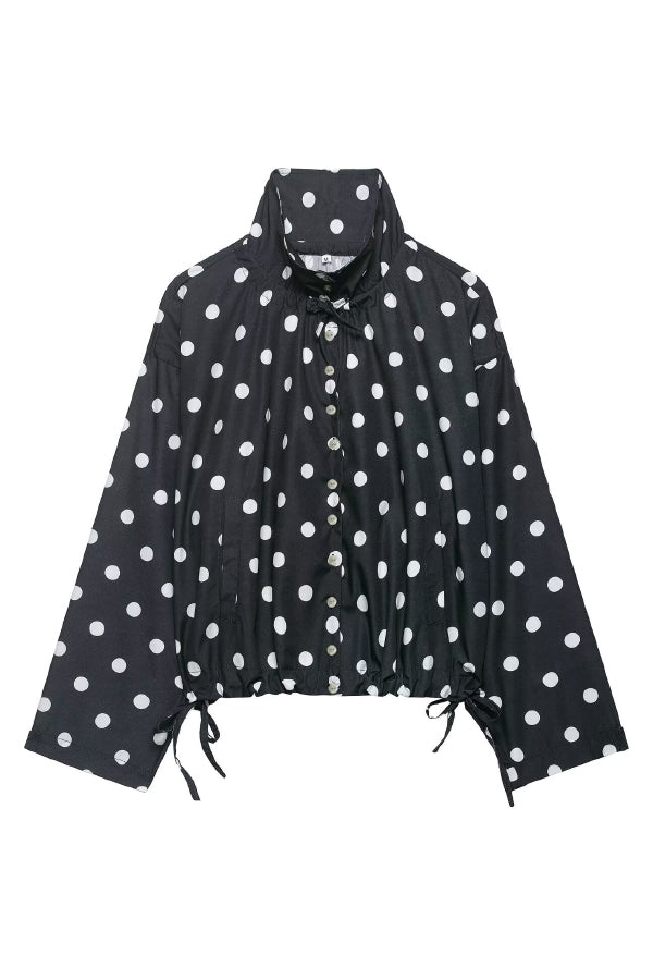 Cardydony Women's Polka Dot Print Loose Stand Collar Button Bow Tie Casual Long-sleeved Jacket