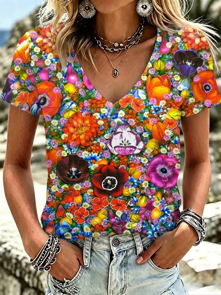 Cardydony Women's Retro Floral Casual Short-sleeve Top