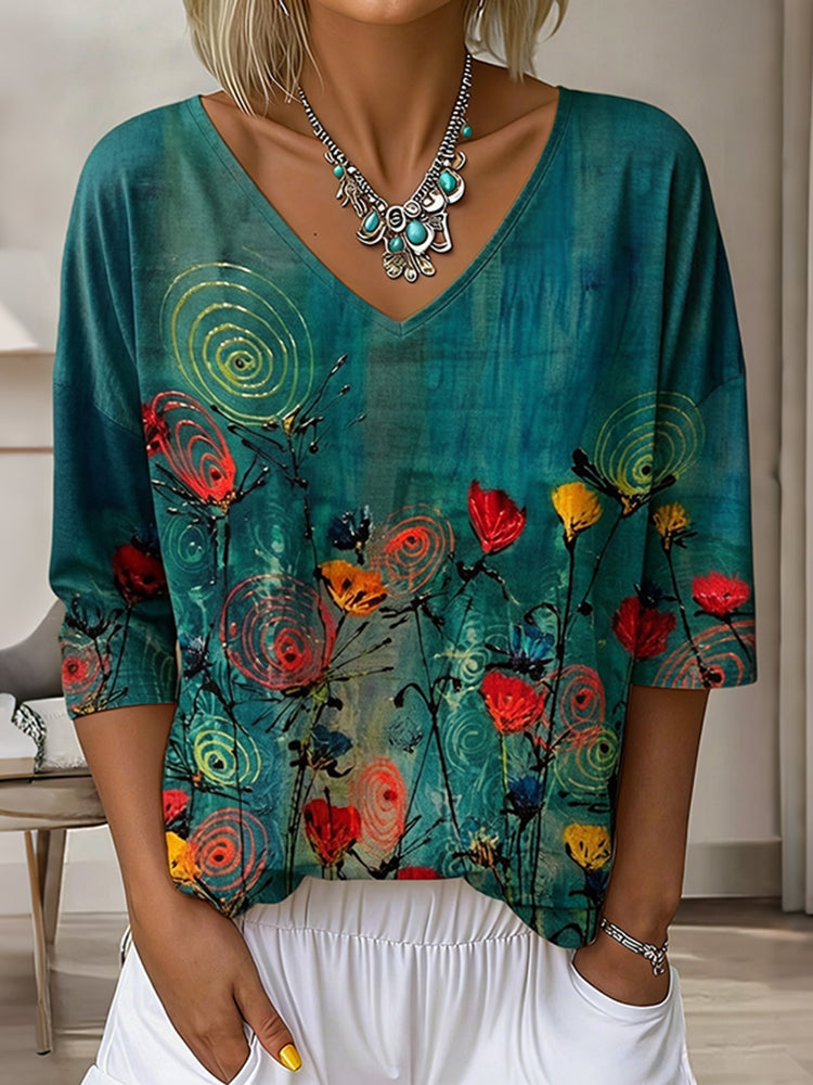Cardydony Women's Vintage Floral Pattern Art Print Flowy Linen Blend Three-quarter Sleeve V Neck Linen Tops