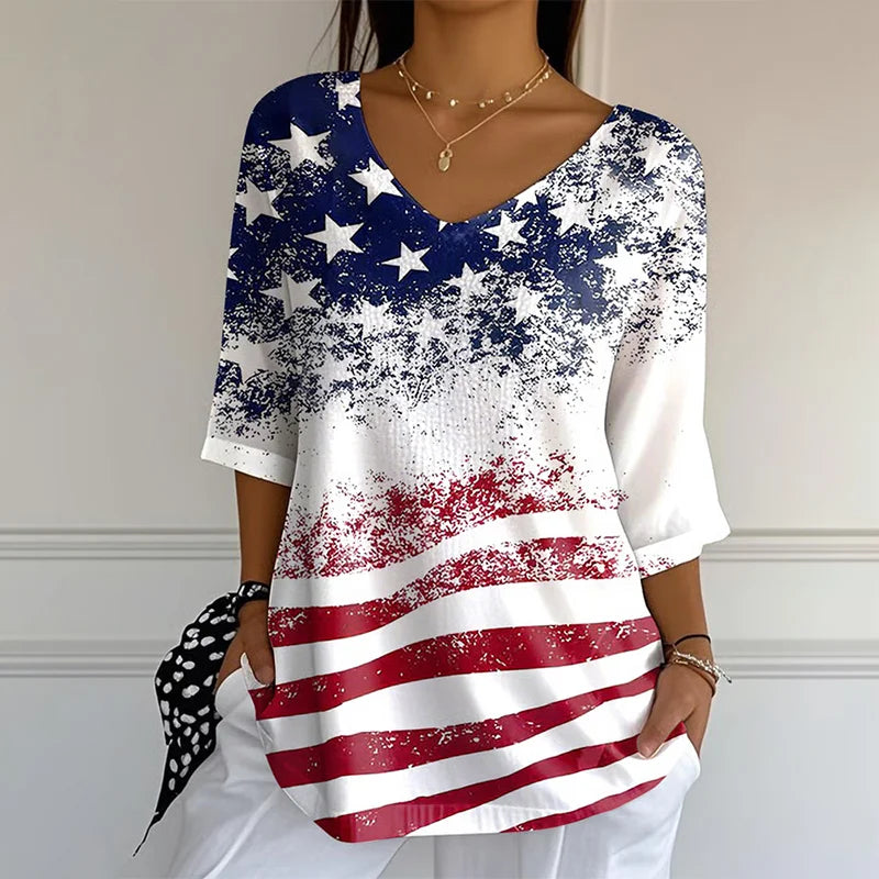 Cardydony Women's Independence Day Flag Faith Fabric Casual V-neck T-shirt