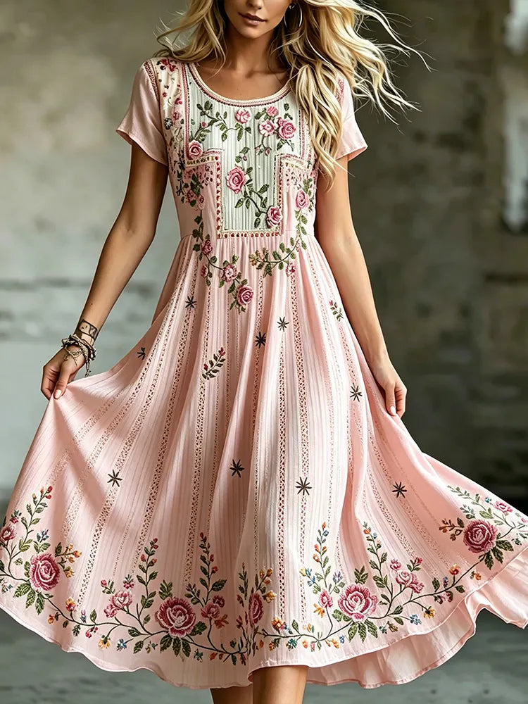 Cardydony Women's Vintage Bohemian Rose Pattern Round Neck Dress
