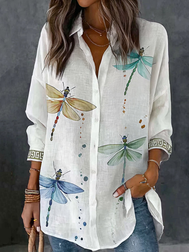 Cardydony Retro Dragonfly Pattern Linen Long Sleeve Tops
