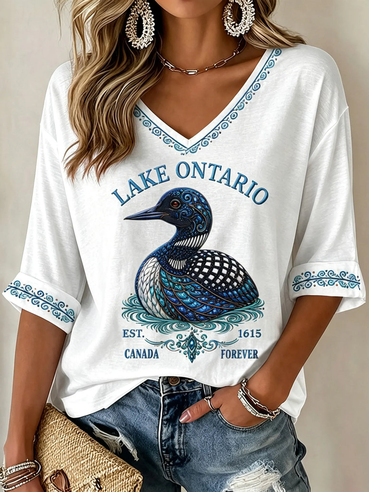 Cardydony Women's Lake Ontario Always And Forever Printed Mid-length Sleeves V-neck T-shirt