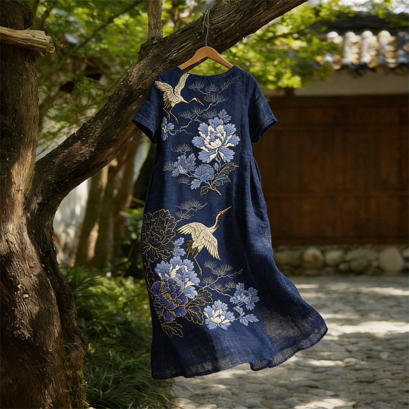 Cardydony Classy Cranes & Flowers Japanese Art Flowy Linen Maxi Dress
