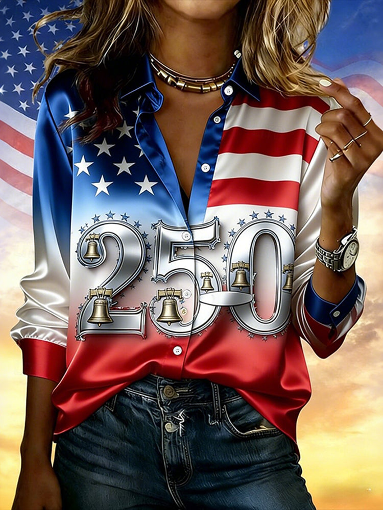 Cardyodny Women's Retro Us America 250 Year Anniversary Long Sleeve Casual Shirt