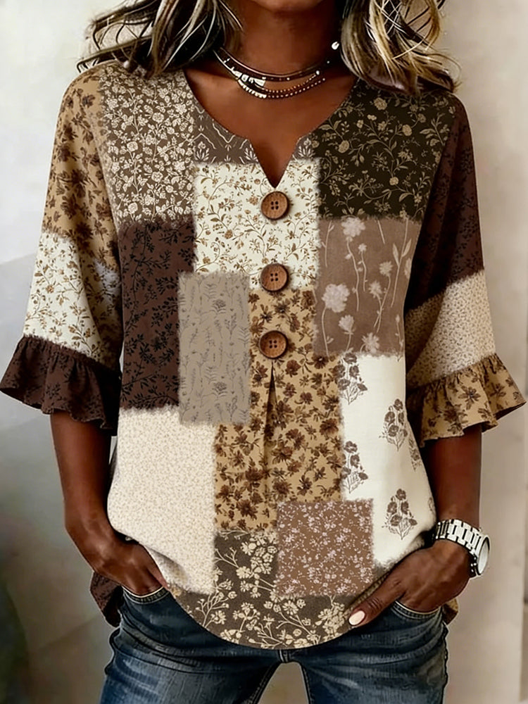 Cardydony Women's Bohemian Vintage Floral Patchwork Art Print Flowy Casual Tops