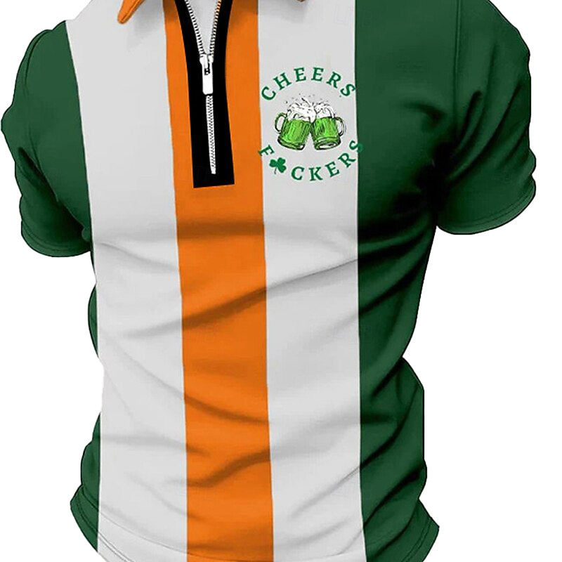 Cardydony Men's Beer Saint Patrick Day St. Patrick's Day Zipper Up Polo Shirt
