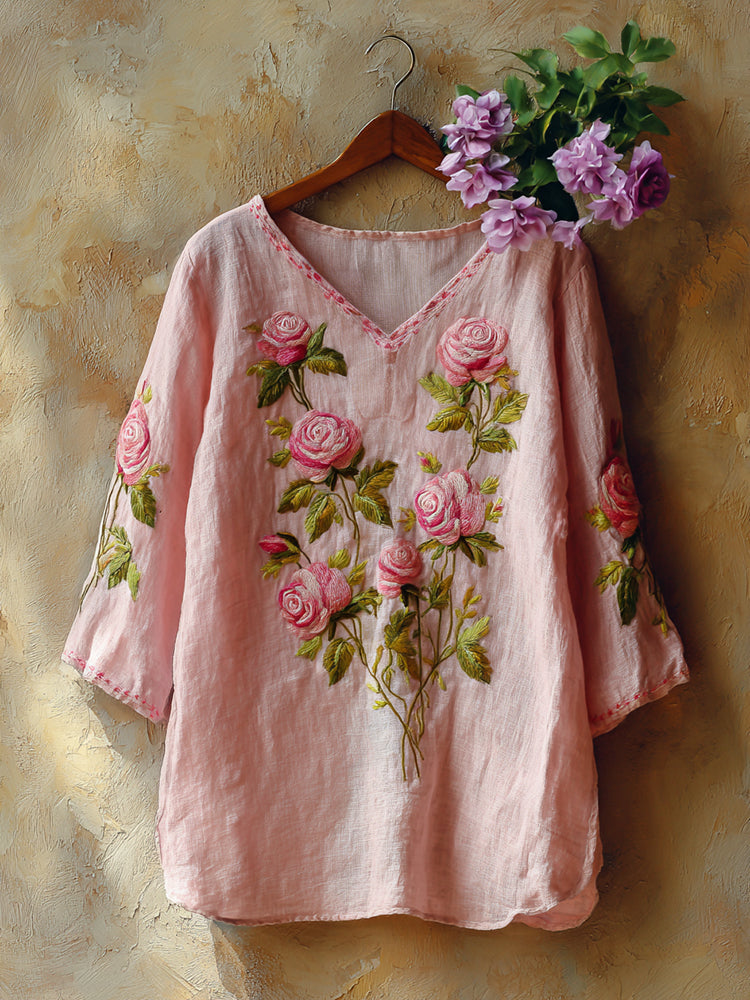 Cardydony Retro Rose Embroidery Pattern Linen Blend Three-quarter Sleeve Tops