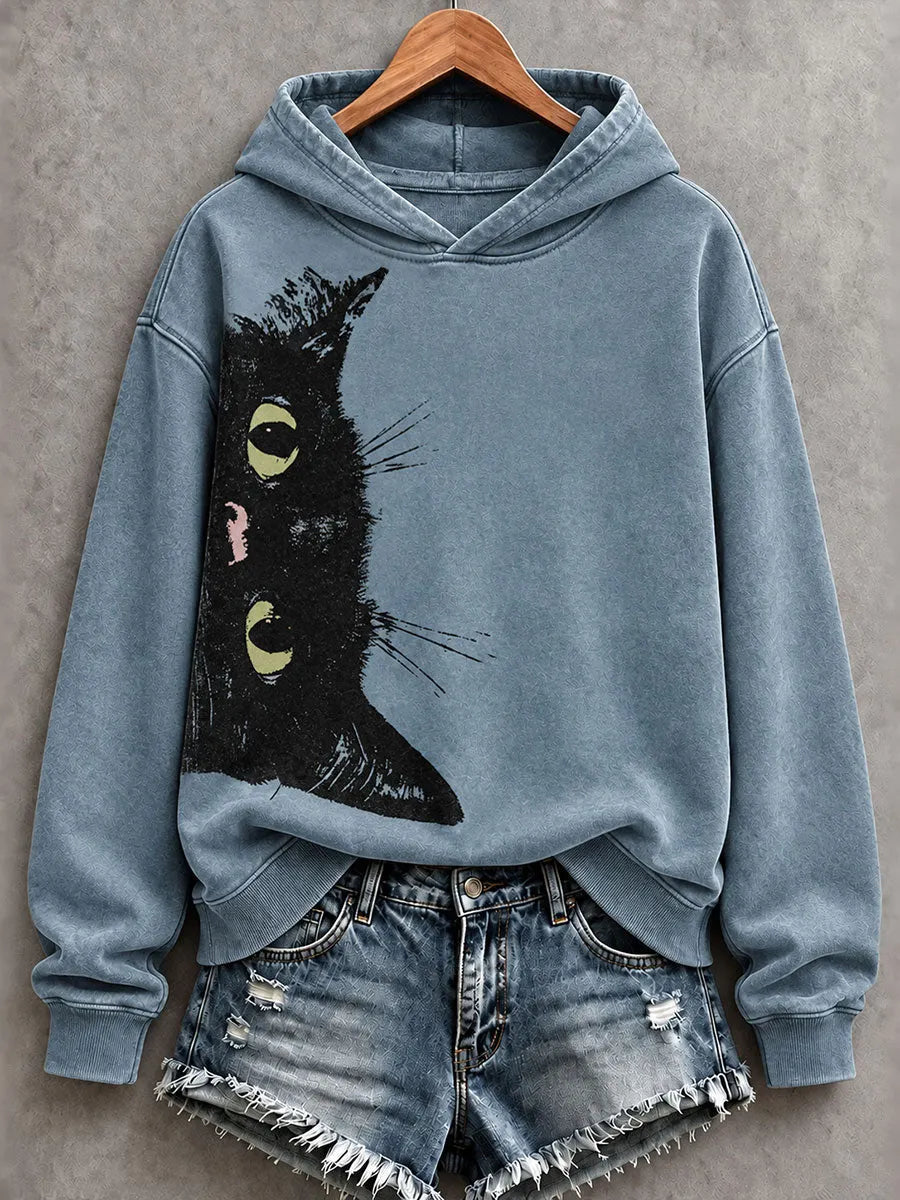 Cardydony Women's Retro Black Cat Print Hoodie