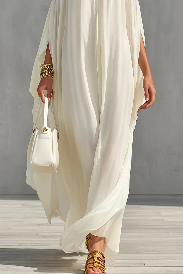 Cardydony Women's Fashionable Chiffon Metal Halter Neck Off-shoulder Elegant Loose-fitting Holiday Maxi Dress