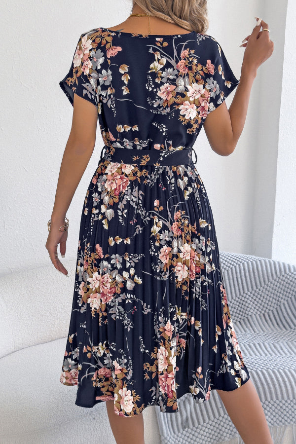 Cardydony Women's Floral Print Round Neck Fitted Waist Tie Pleated Midi Dress