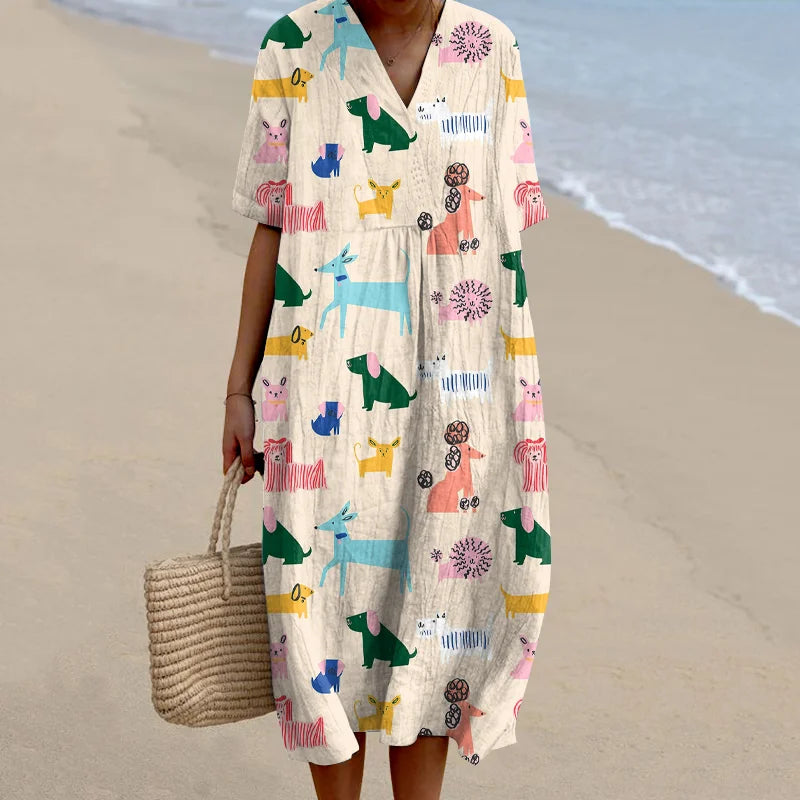 Cardydony Women's Retro Cute Color Dog Art Linen Dress