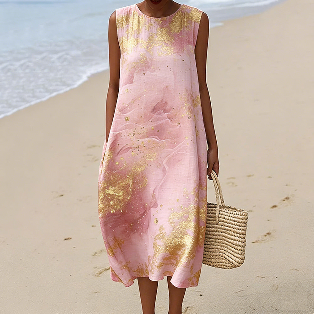 Cardydony Vintage Abstract Marble Texture Art Flowy Linen Tank Dress