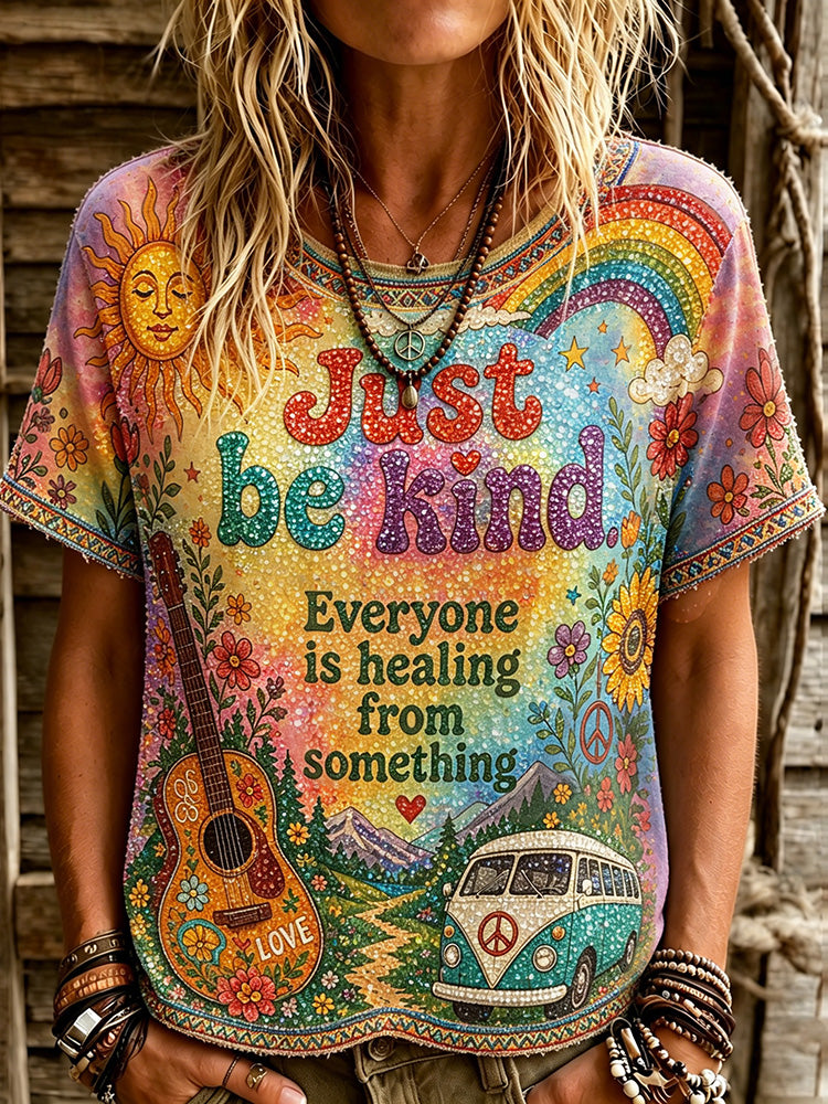 Cardydony Women's Retro Hippie Just Be Kind Landscape Art Crew Neck T-shirt