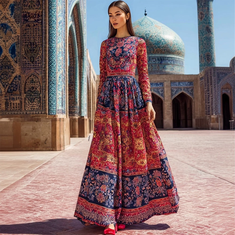 Cardydony Retro Iran Persian Pattern Inspired Cozy Linen Maxi Dress