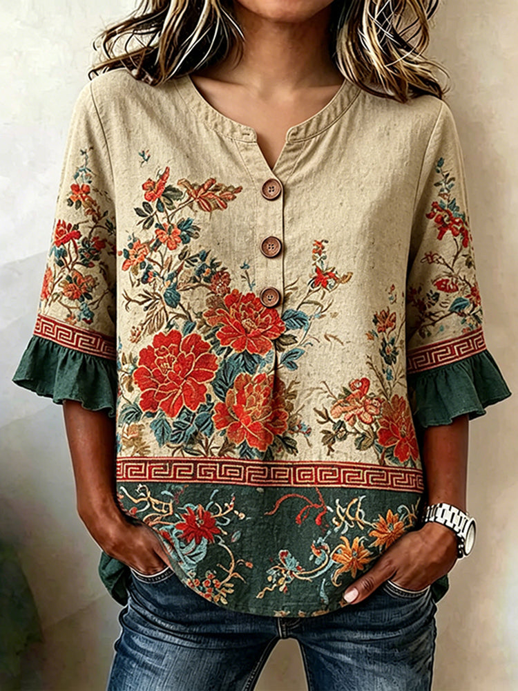 Cardydony Women's Vintage Floral Art Print Flared-sleeve Top