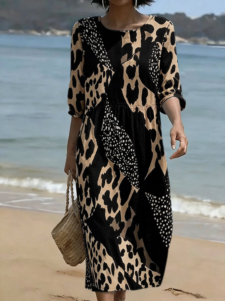 Cardydony Retro Leopard And Animal Patchwork Art Linen Blend Loose Three-quarter Sleeve Dress