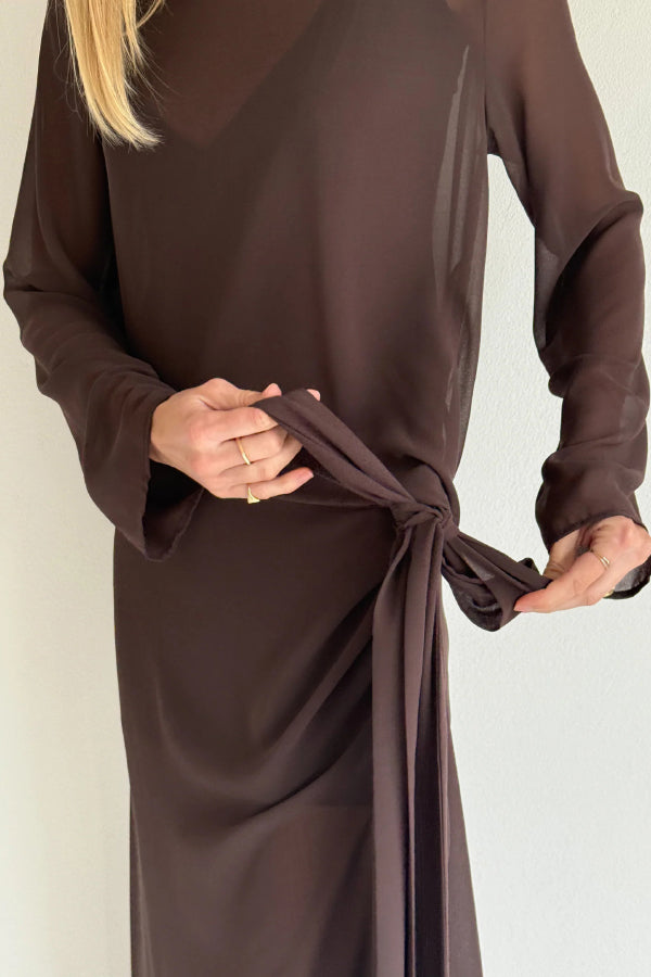 Cardydony Women's Fashionable Mesh See-through Round Neck Long Sleeve Tie Bow Slit Maxi Dress