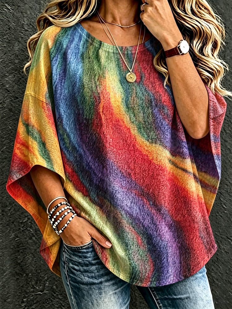 Cardydony Women's Bohemian Vintage Rainbow Art Print Flowy Linen Blend Casual Tops