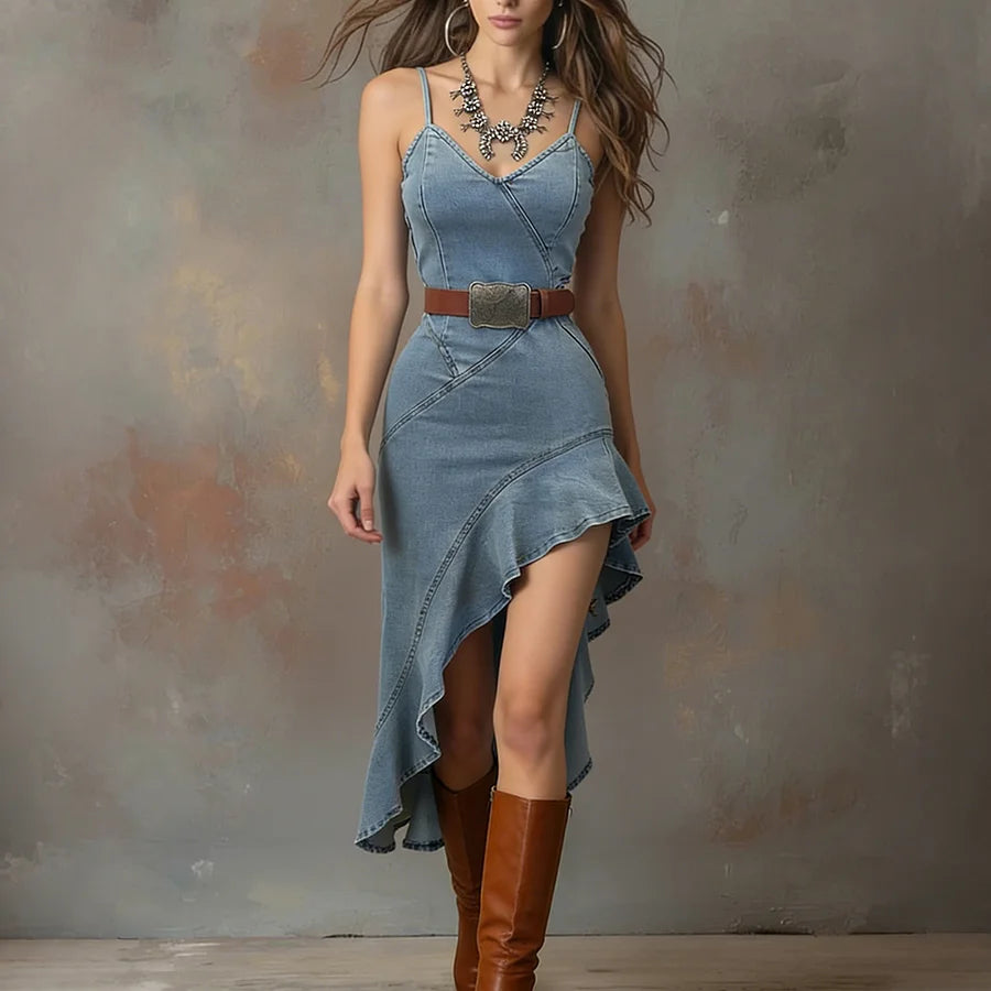 Cardydony Vintage Denim Patchwork Suspender Dress