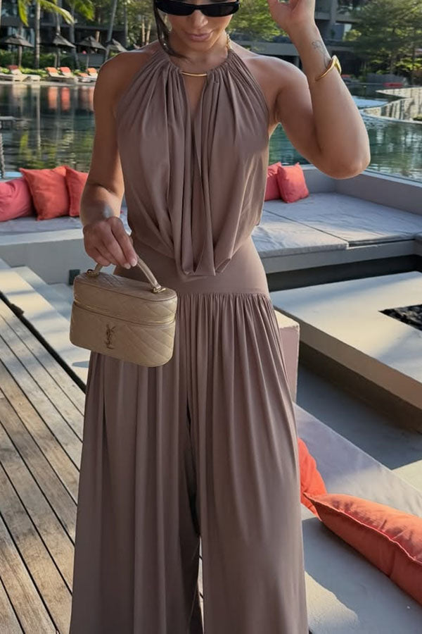Cardydony Women's Lightweight Chic Metal Ring Drape Cowl Halter Neck Bodysuit and Elastic Waist Wide Leg Pants Set