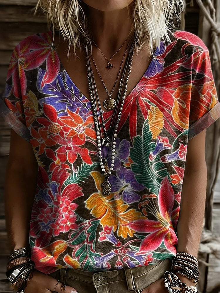 Cardydony Women's Retro Floral Print V-neck Casual T-shirt