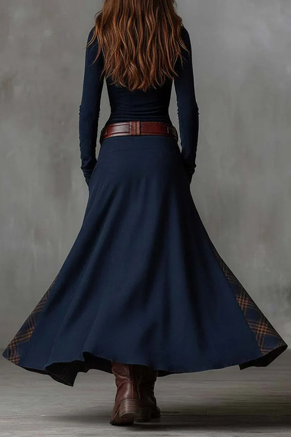 Cardydony Women's Retro-style Patchwork Single-breasted Long-sleeved Casual Pocket Maxi Dress