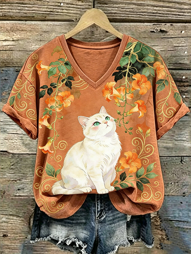 Cardydony Retro Cute Cat And Floral Pattern Casual T-shirt