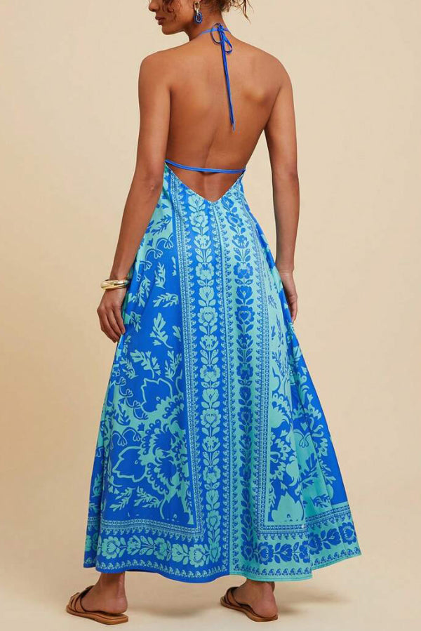 Cardydony Women's Unique Printed V-neck Backless Casual Vacation Maxi Dress