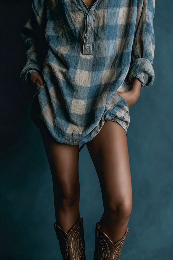 Cardydony Women's Plaid Print Loose Long-sleeved Shirt Style Mini Dress