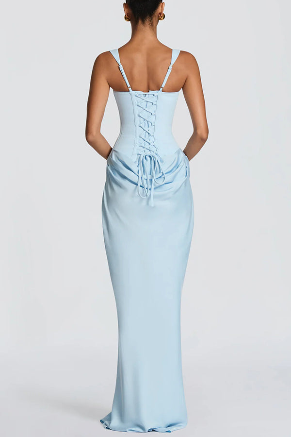 Cardydony Women's Larrah Square Neck Back Lace-up Satin Drape Hem Maxi Dress