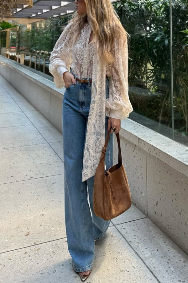 Cardydony Women's Solid Color Sheer Lace Elegant Ribbon Long-sleeved Shirt