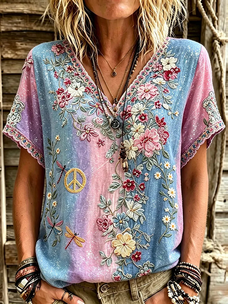 Cardydony Women's Retro Floral Dragonfly Hippie Rainbow Cotton Linen T-shirt