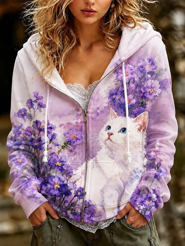 Cardydony Women's Cute Cat And Floral Gradient Print Casual Zip Up Hoodie