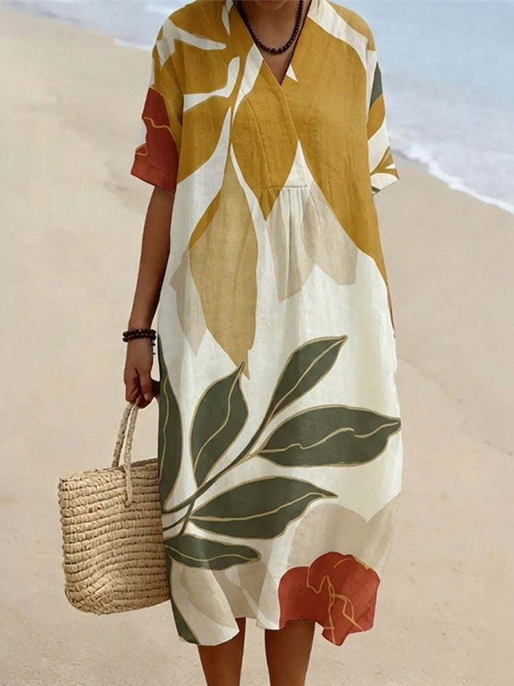 Cardydony Women's Linen Dress With Leaf And Branch Art Pattern