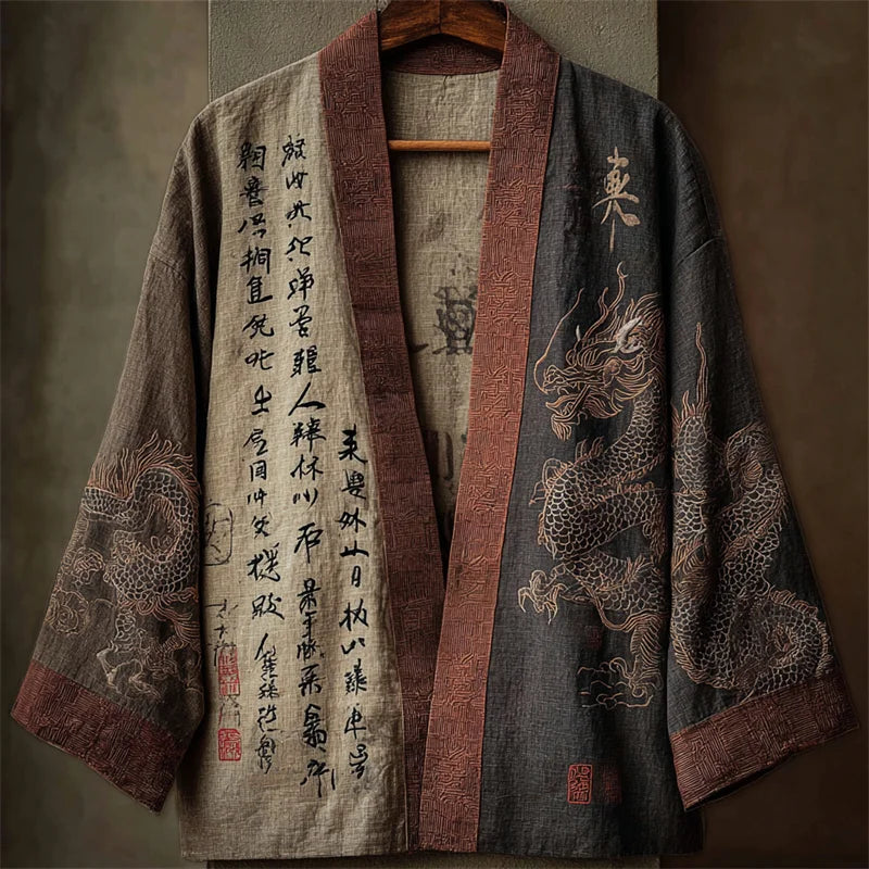 Cardydony Japanese Dragons & Calligraphy Contrast Linen Kimono