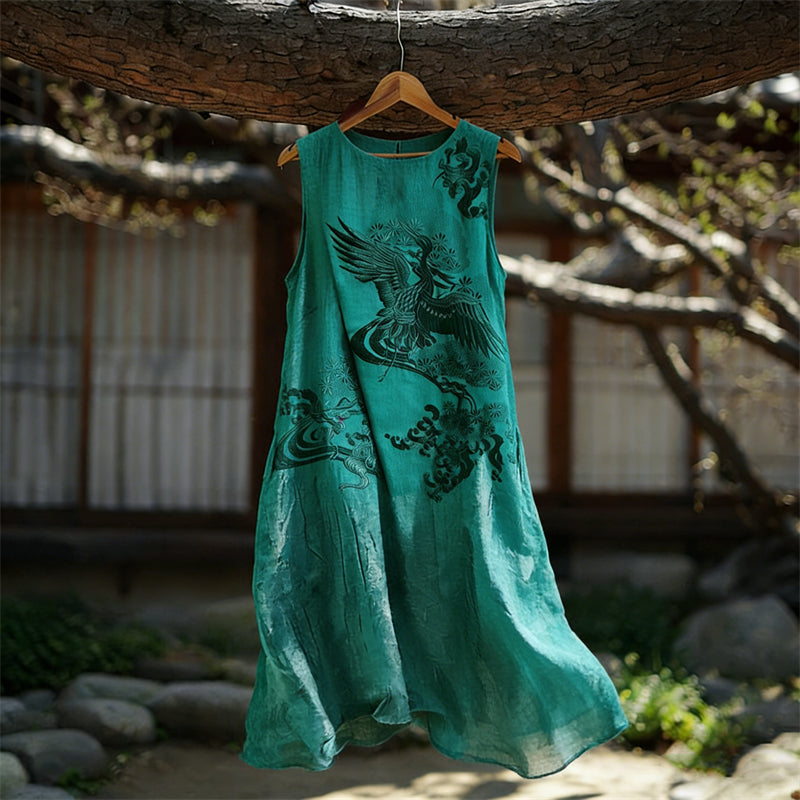 Cardydony Classy Japanese Cranes Art Flowy Linen Tank Dress