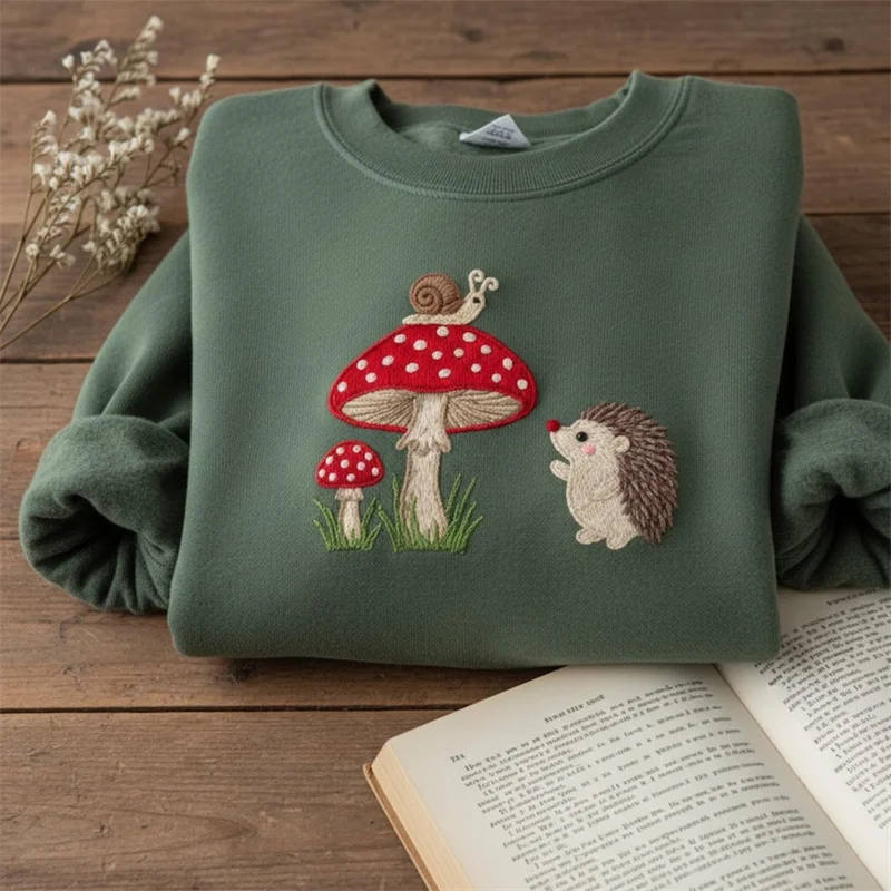 Cardydony Embroidered Hedgehog Snail Mushroom Sweatshirt