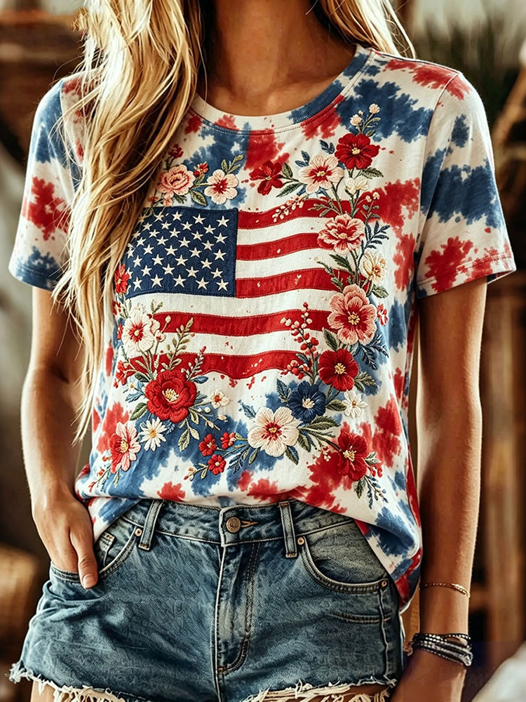 Cardydony Women's Independence Day Floral Tie-dye Pattern T-shirt