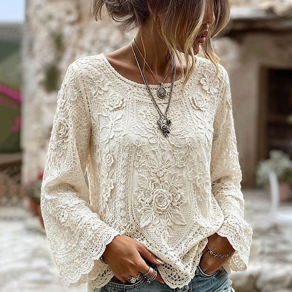 Cardydony Vintage Floral Lace Embroidery Art Cozy Linen Top
