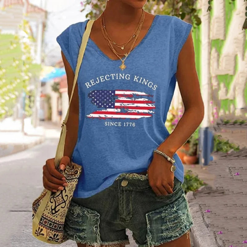 Cardydony Women's Rejecting Kings Since 1776 Print V Neck Tank Top