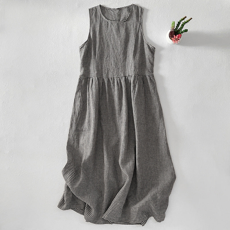 Cardydony Women's Plaid Pattern Linen Blend Sleeveless Dress