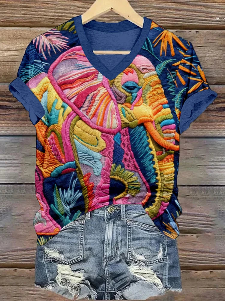 Cardydony Elephant Embroidered V Neck Comfy T Shirt