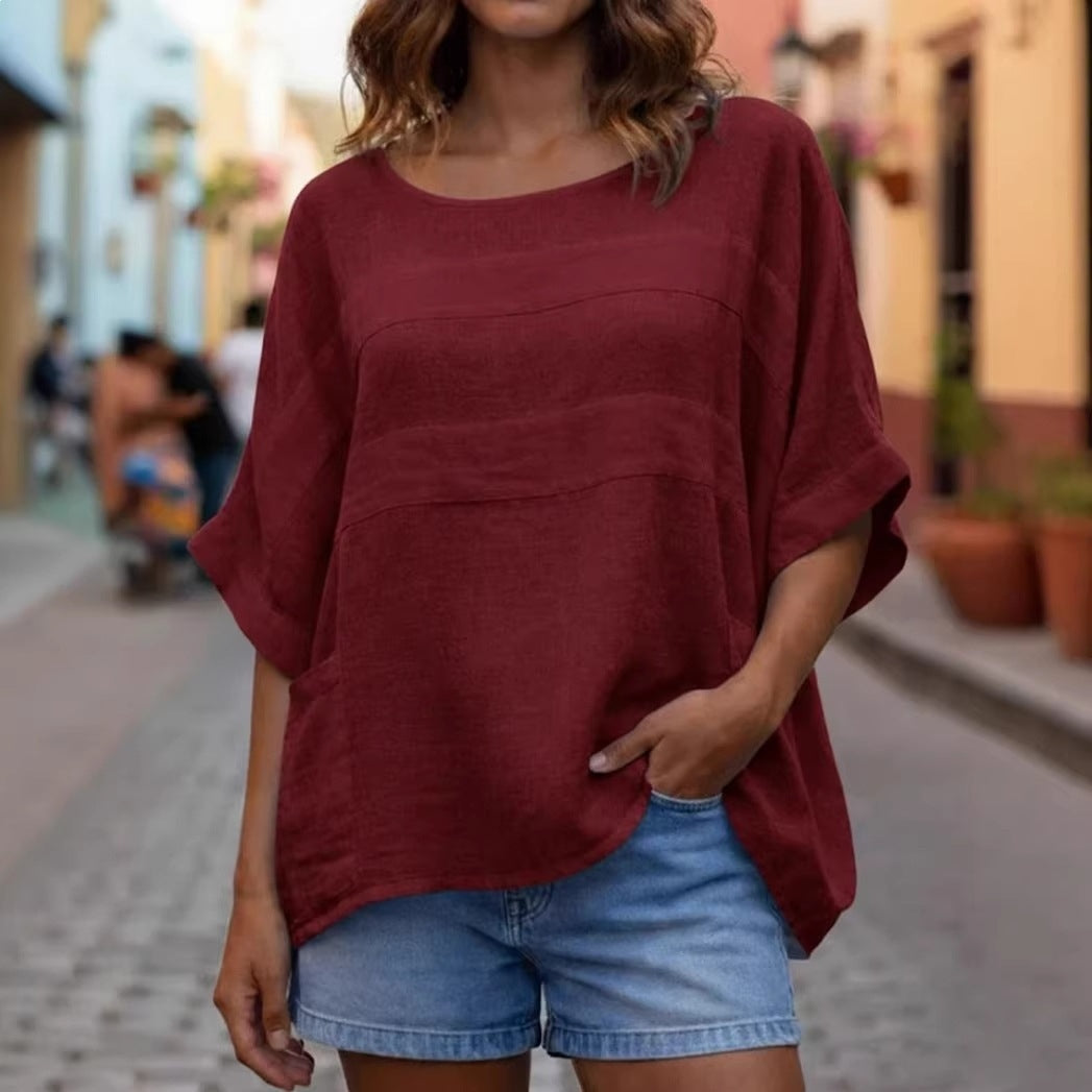 Cardydony Women's Round Neck Three-quarter Sleeve Casual Loose Top