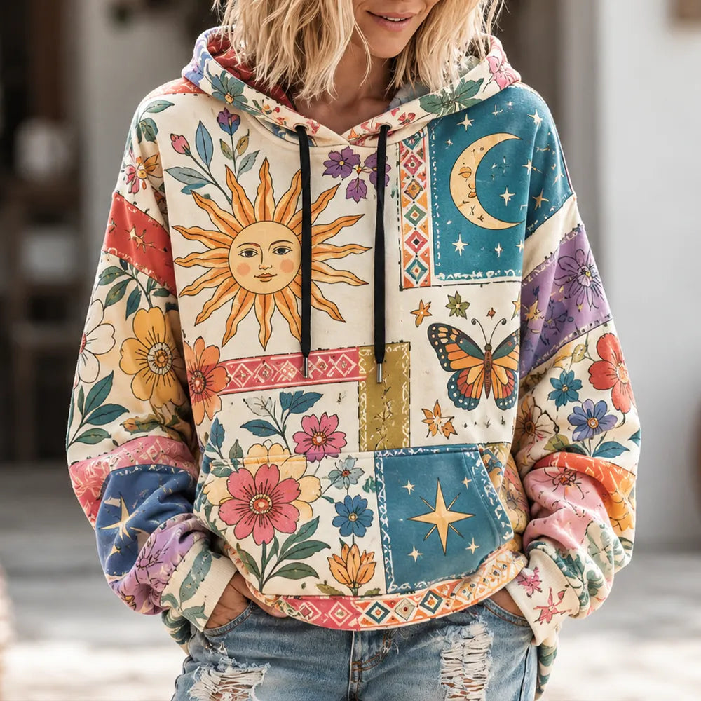 Cardydony Women's Bohemian Patchwork Sun, Moon, Butterfly & Floral Print Hoodie