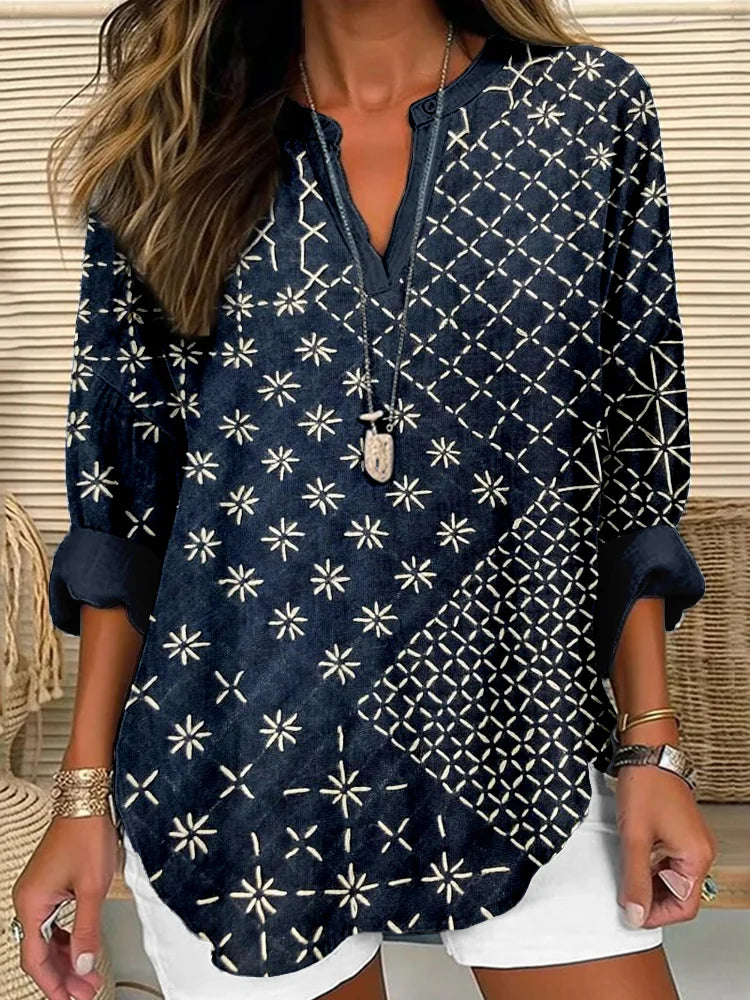 Cardydony Japanese Sashiko Art Linen Blend Cozy Shirt